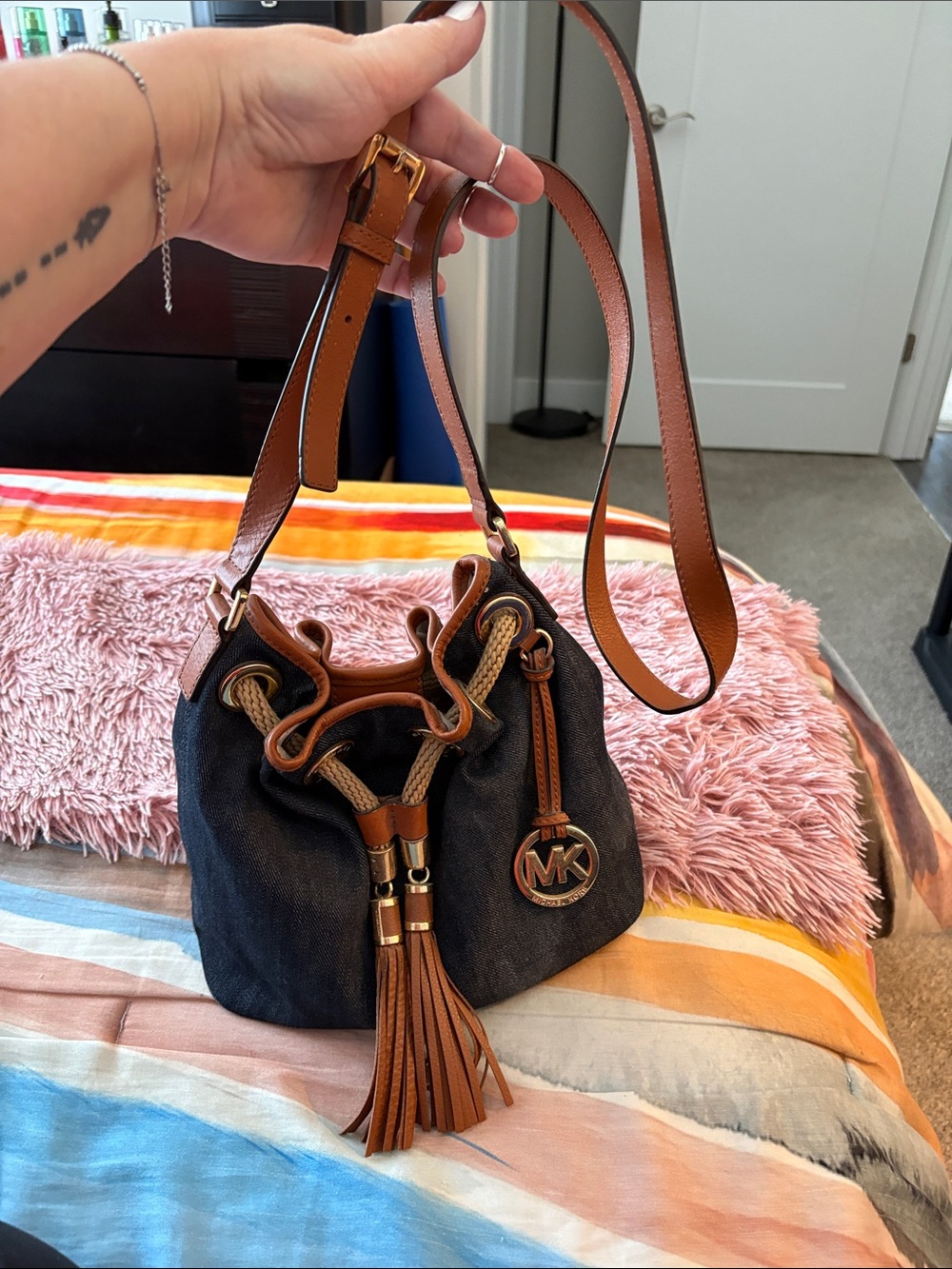 Michael Kors Denim and Brown Leather Drawstring Crossbody Bucket Bag